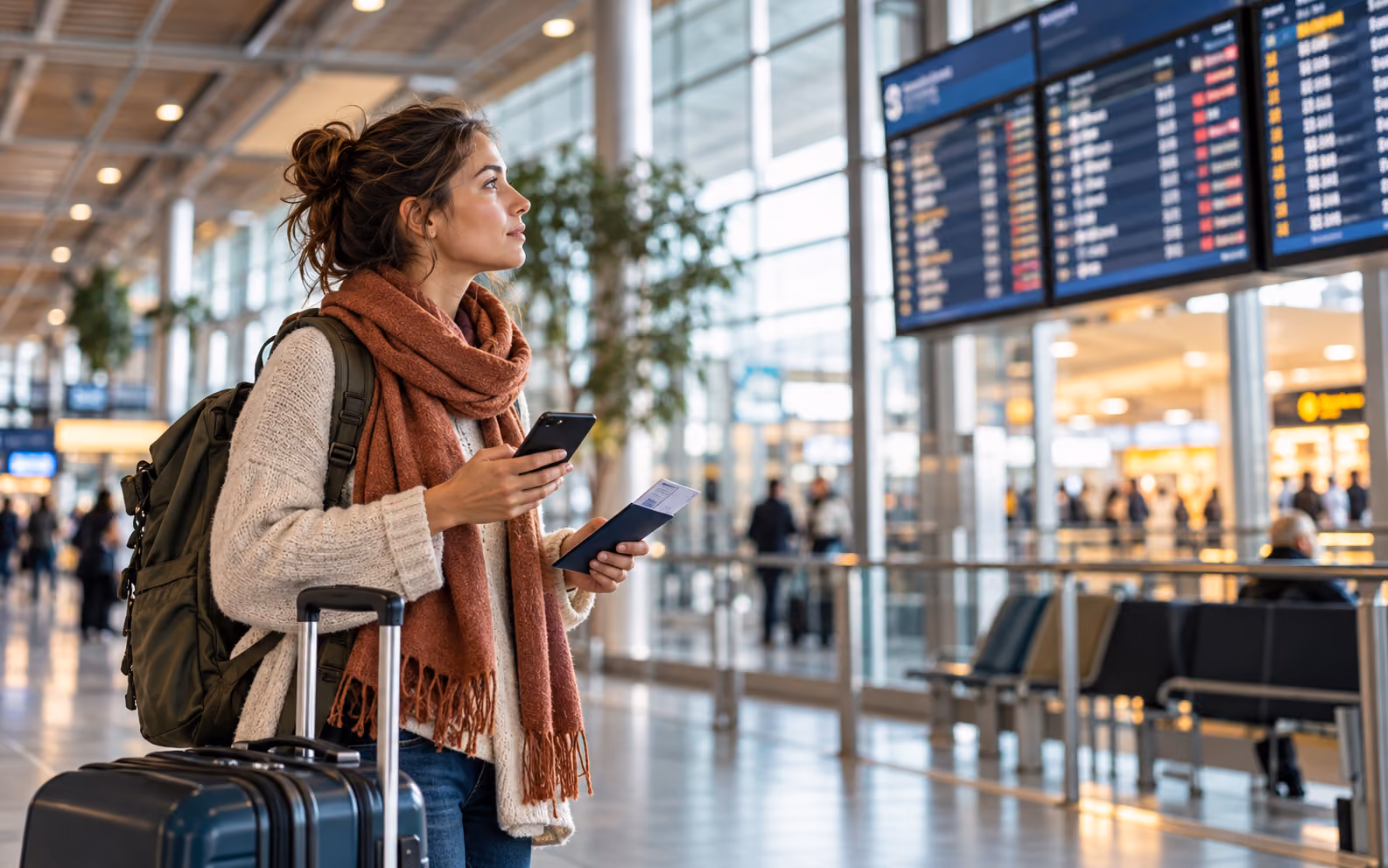 Reisende dokumentiert eine Flugstörung am Flughafen mit Smartphone und Reiseunterlagen